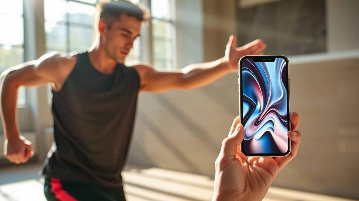 Person trainiert mit Smartphone, dynamische Bewegung.