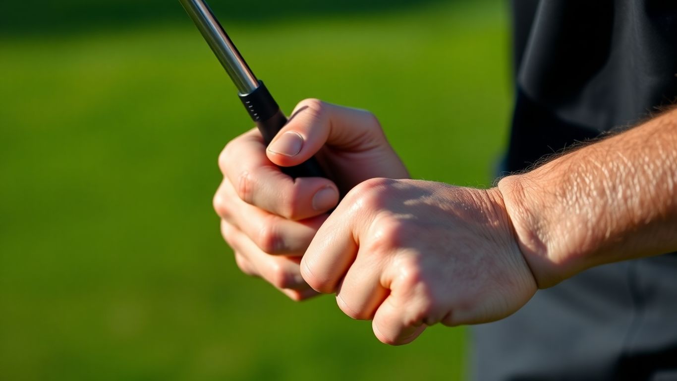 Golfer's hands gripping a golf club correctly.