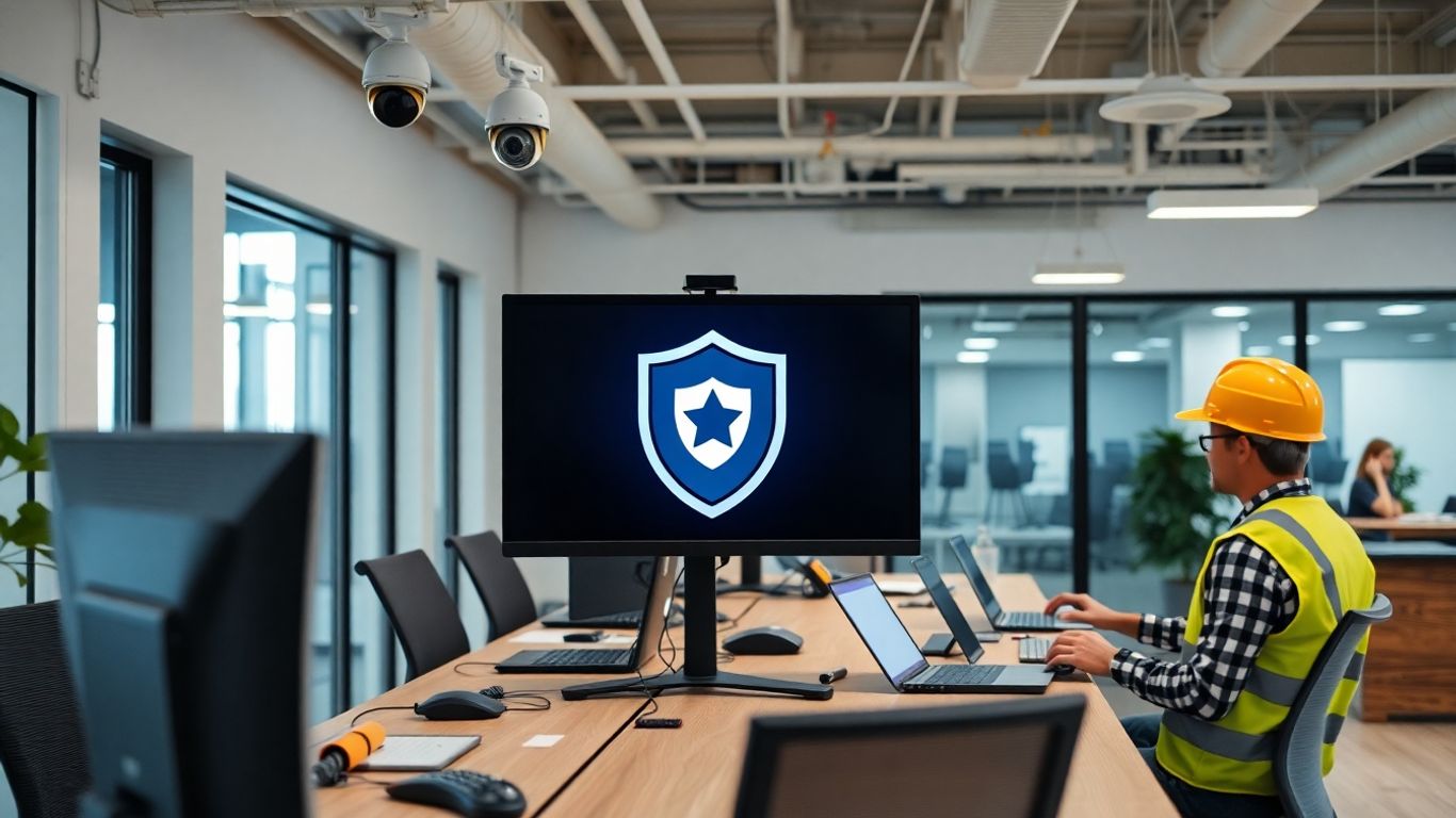 Construction office with security cameras and shield on computer