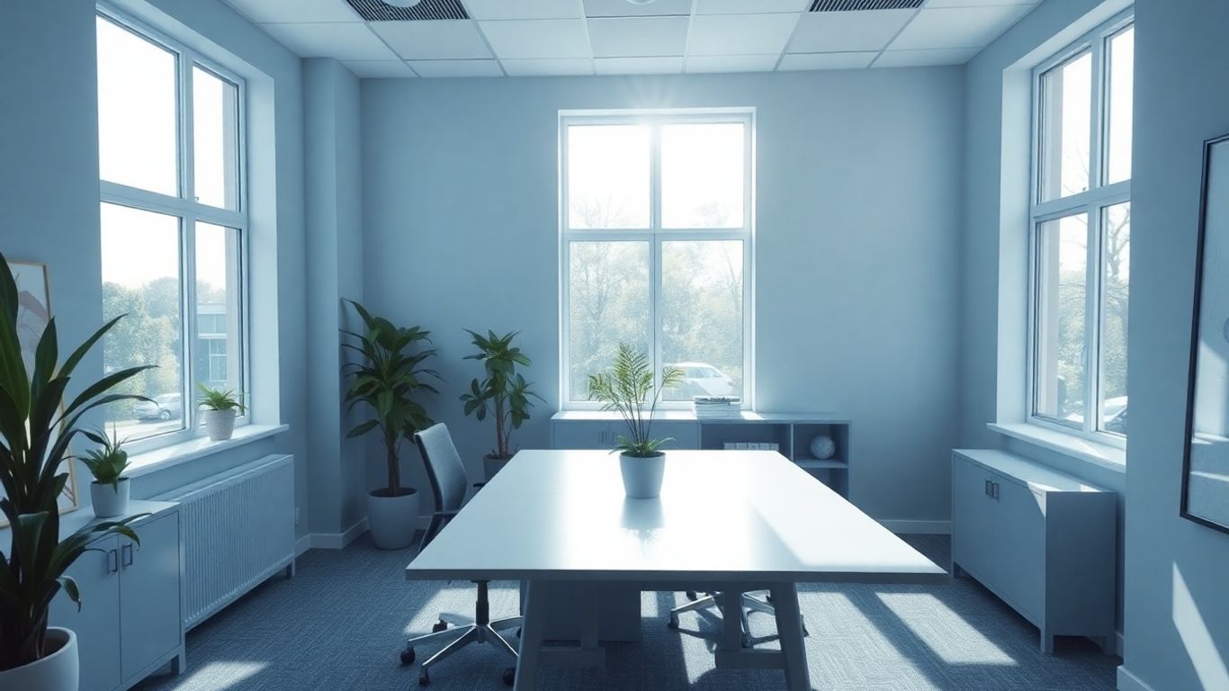 Calm office with blue and green walls and natural light.
