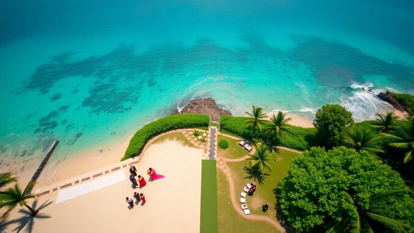 Pasangan menikah di pantai Bali dari udara
