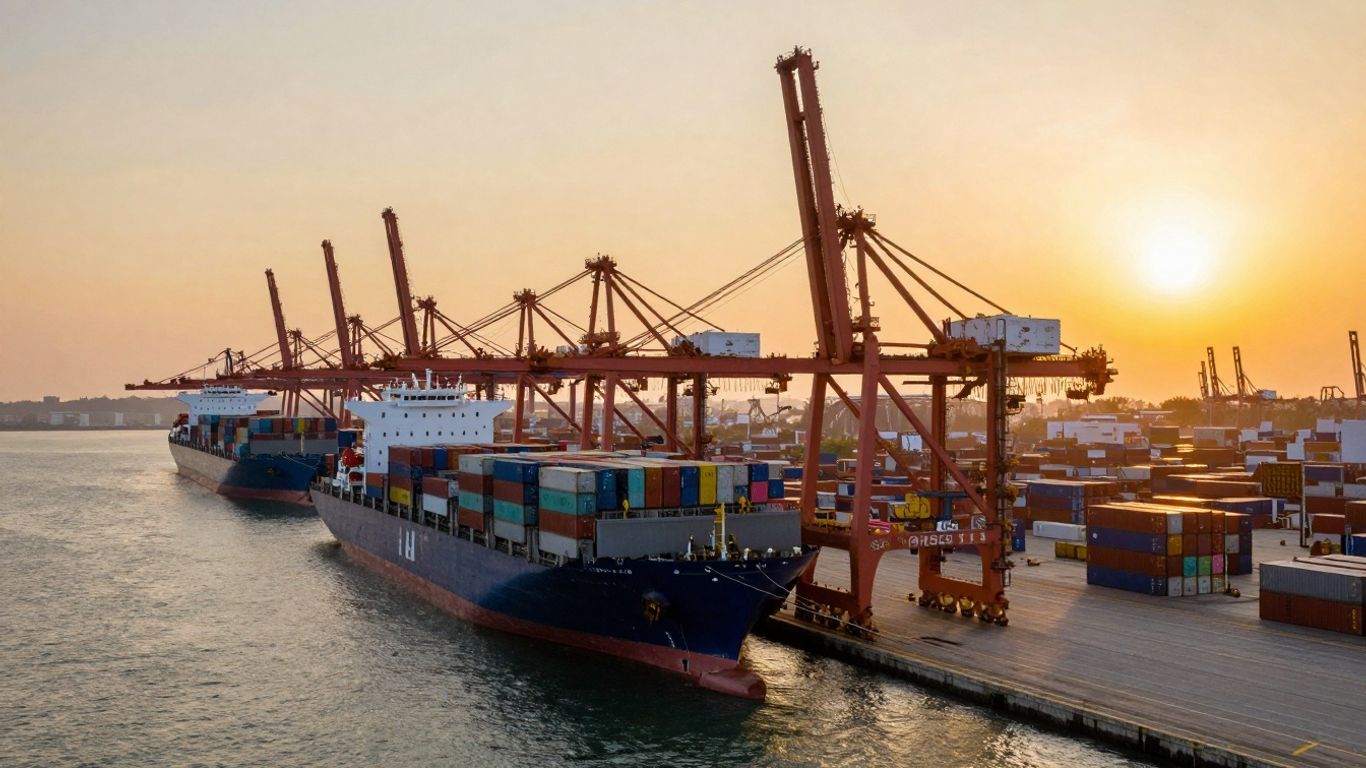 Port maritim la apus cu nave de marfă și macarale.