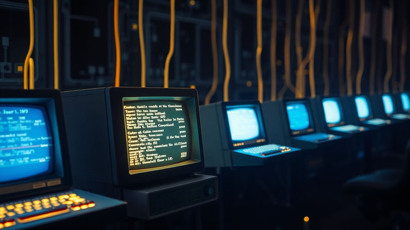 Vintage computer terminals connected by glowing cables.