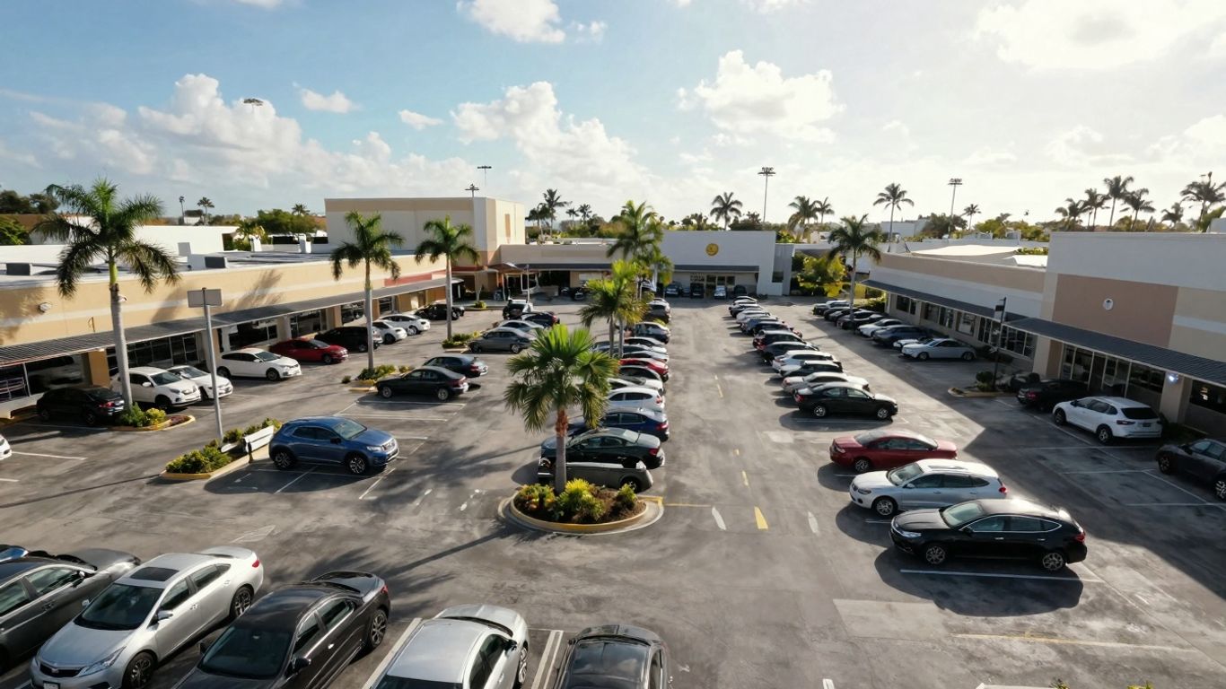 Aventura Mall parking lot with palm trees and mall in background.
