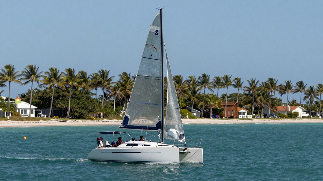 Sailboat on Florida waters near palm-lined shore.