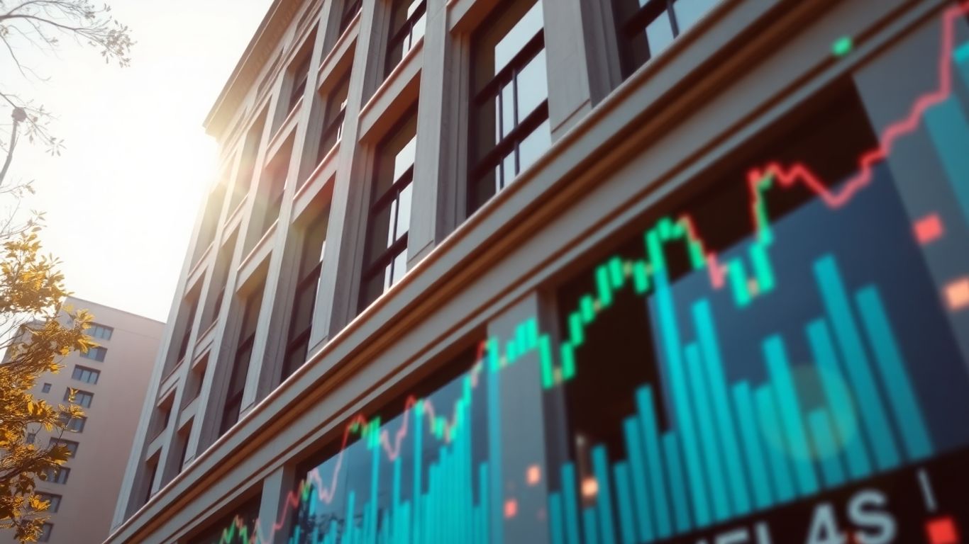 Edificio moderno con datos financieros abstractos.