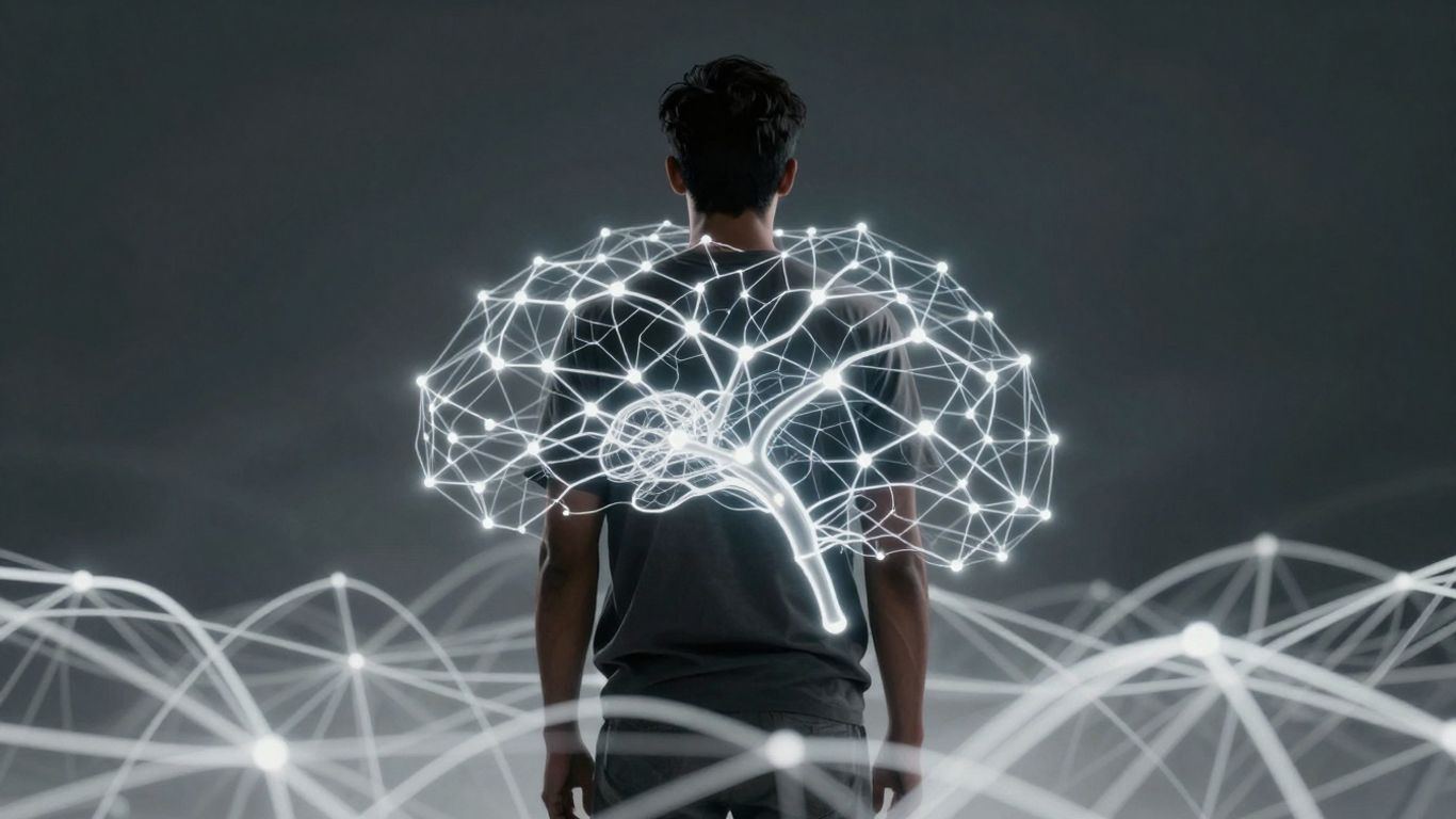 Human contemplating a complex glowing neural network.