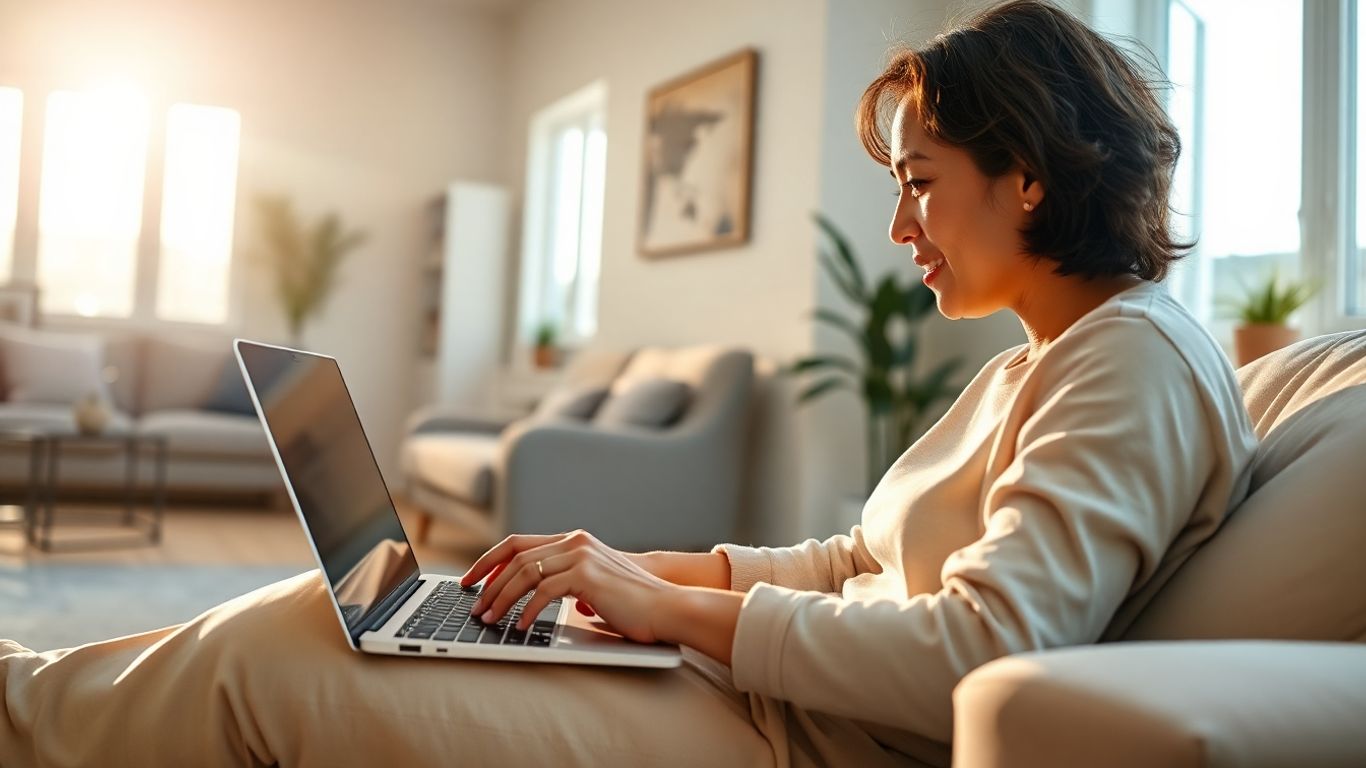 Pessoa trabalhando em casa no computador com conforto.