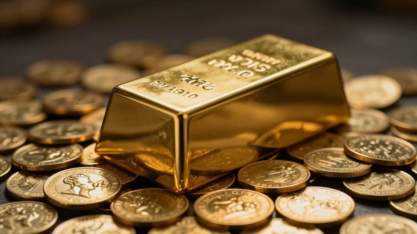 闪亮的金条和金币。