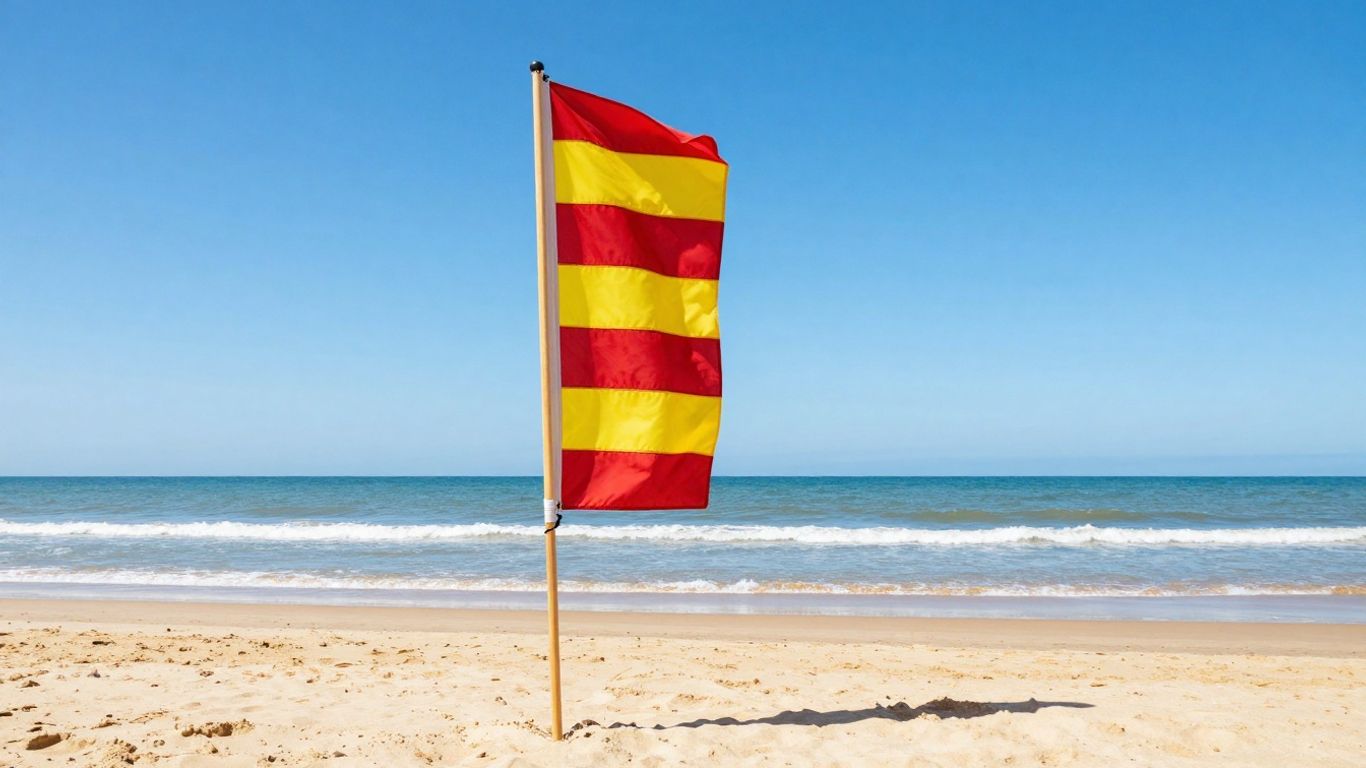 Rood-gele vlag op een zonnig strand met golven.