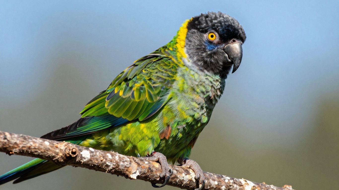 Black capped conure bird with green and yellow feathers.