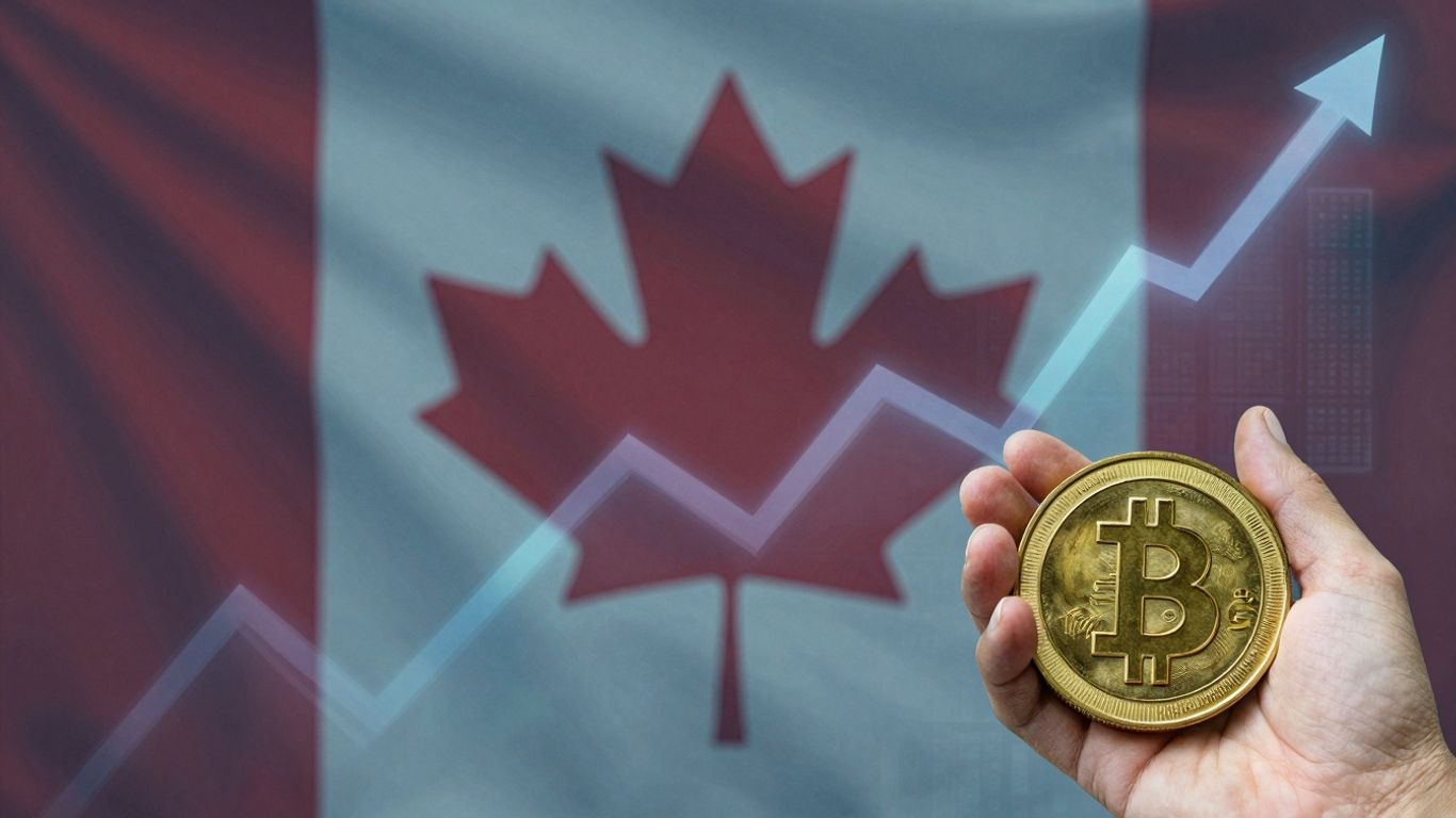 Canadian flag with digital currency icons and upward trend.