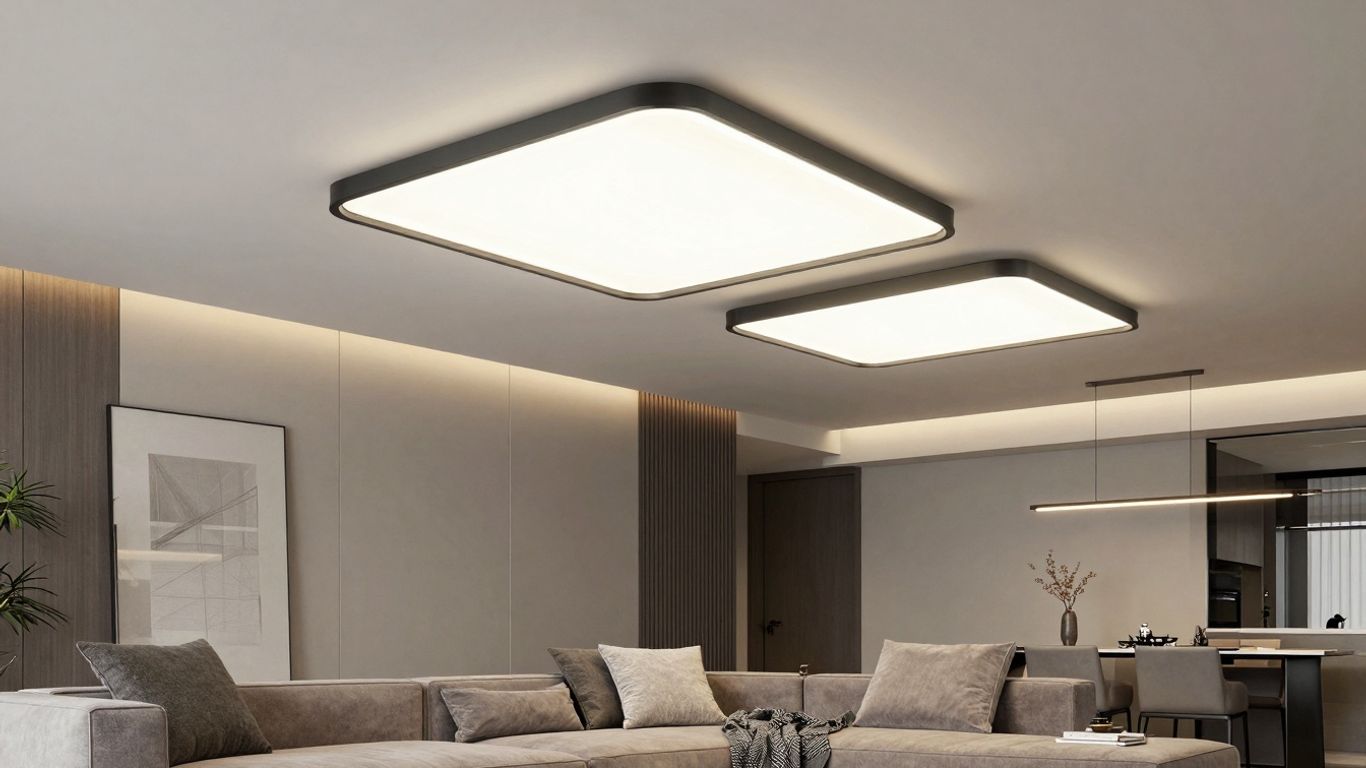 Sleek black ceiling lights in a modern living room.