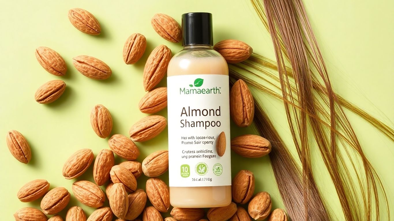Mamaearth Almond Shampoo bottle with almonds and healthy hair.