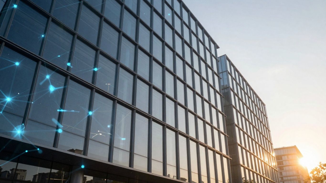 Coinbase Global Inc. headquarters with blockchain patterns.