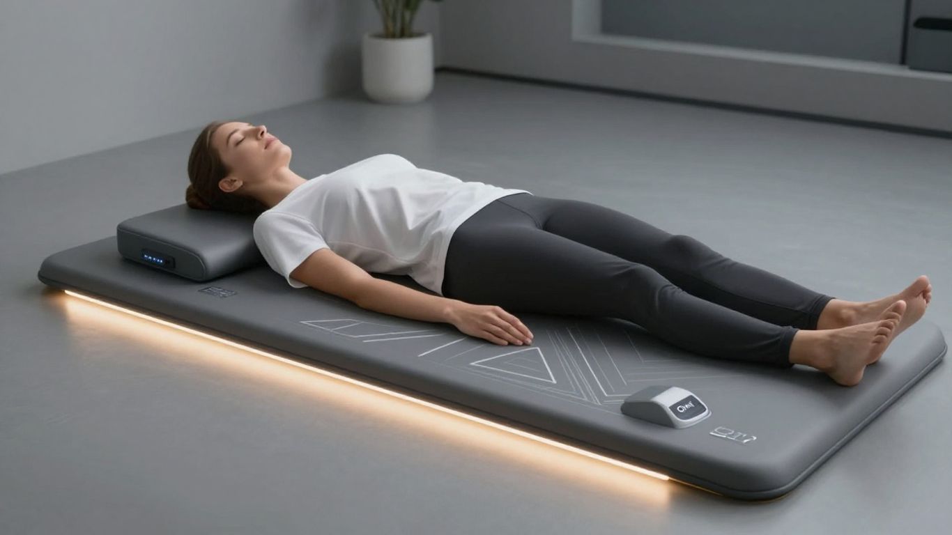 Person relaxing on OMI PEMF therapy mat.