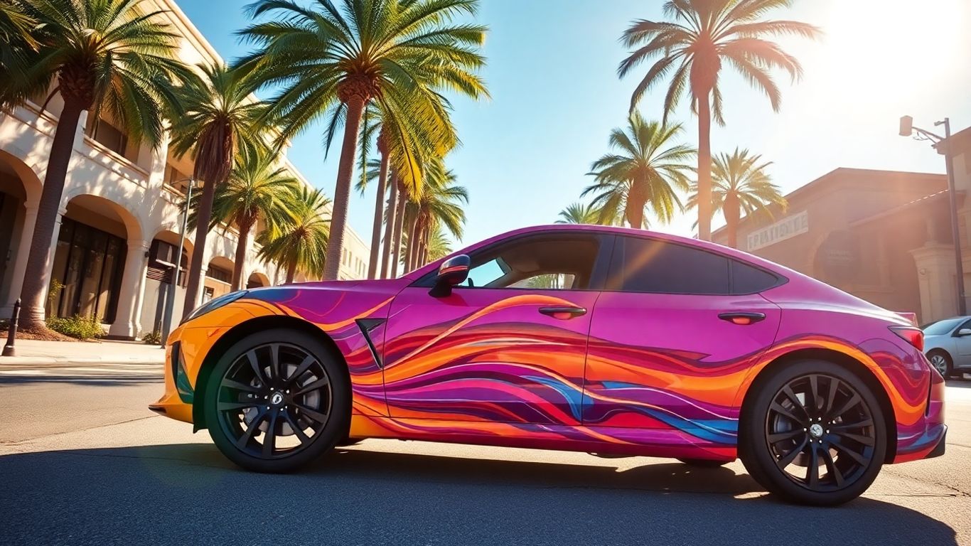 San Antonio street with a car wrap in sunlight.