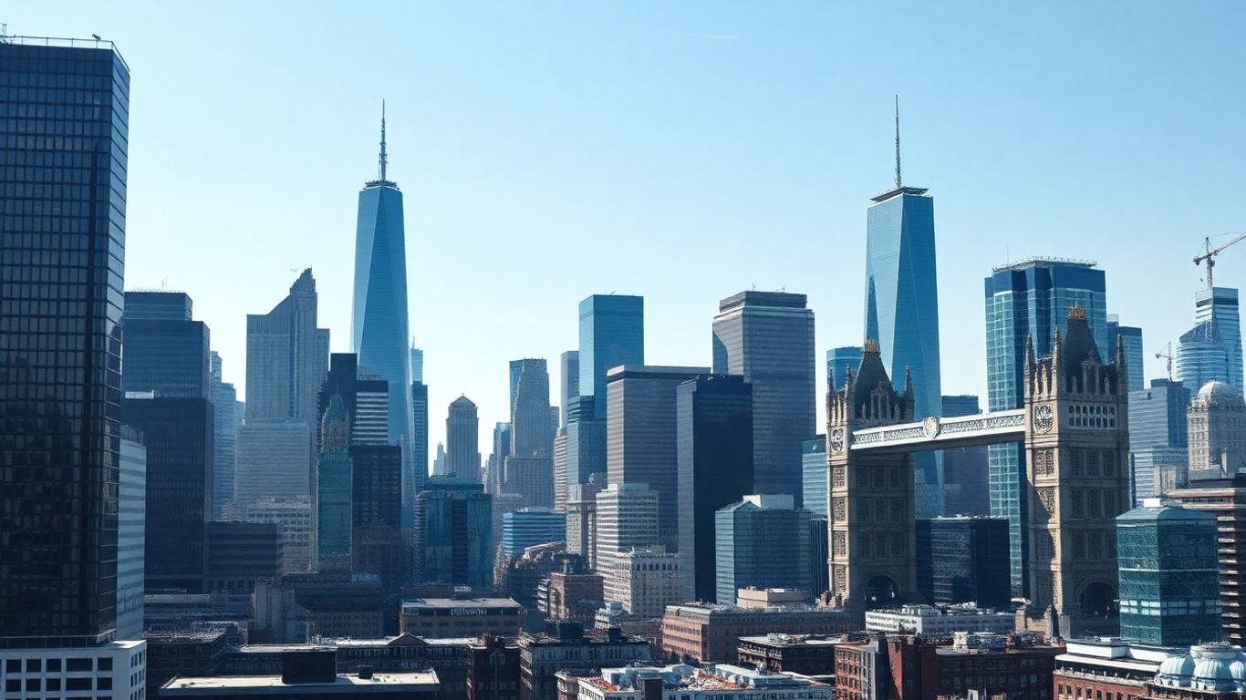 Skylines of global financial centers with skyscrapers.