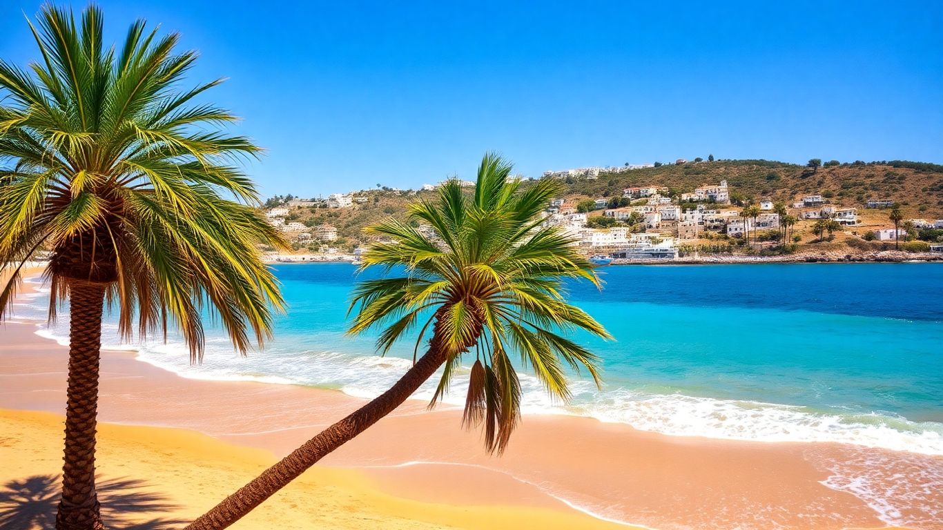 Sunny Mediterranean coast with palm trees and white buildings.