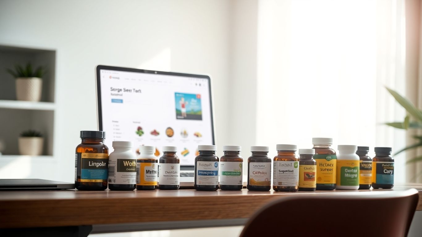 Supplement bottles and laptop on a desk.