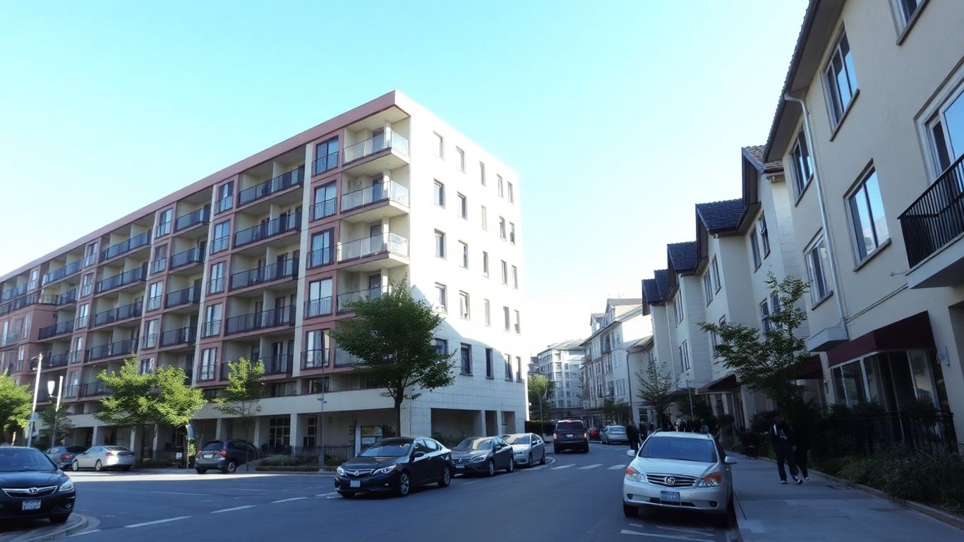 Modern apartments and houses along a sunny American street.