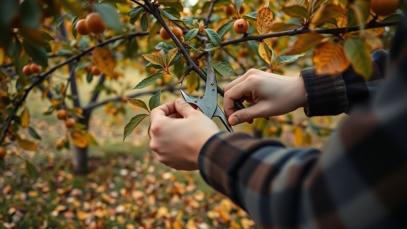 Person schneidet Obstbaum im herbstlichen Garten