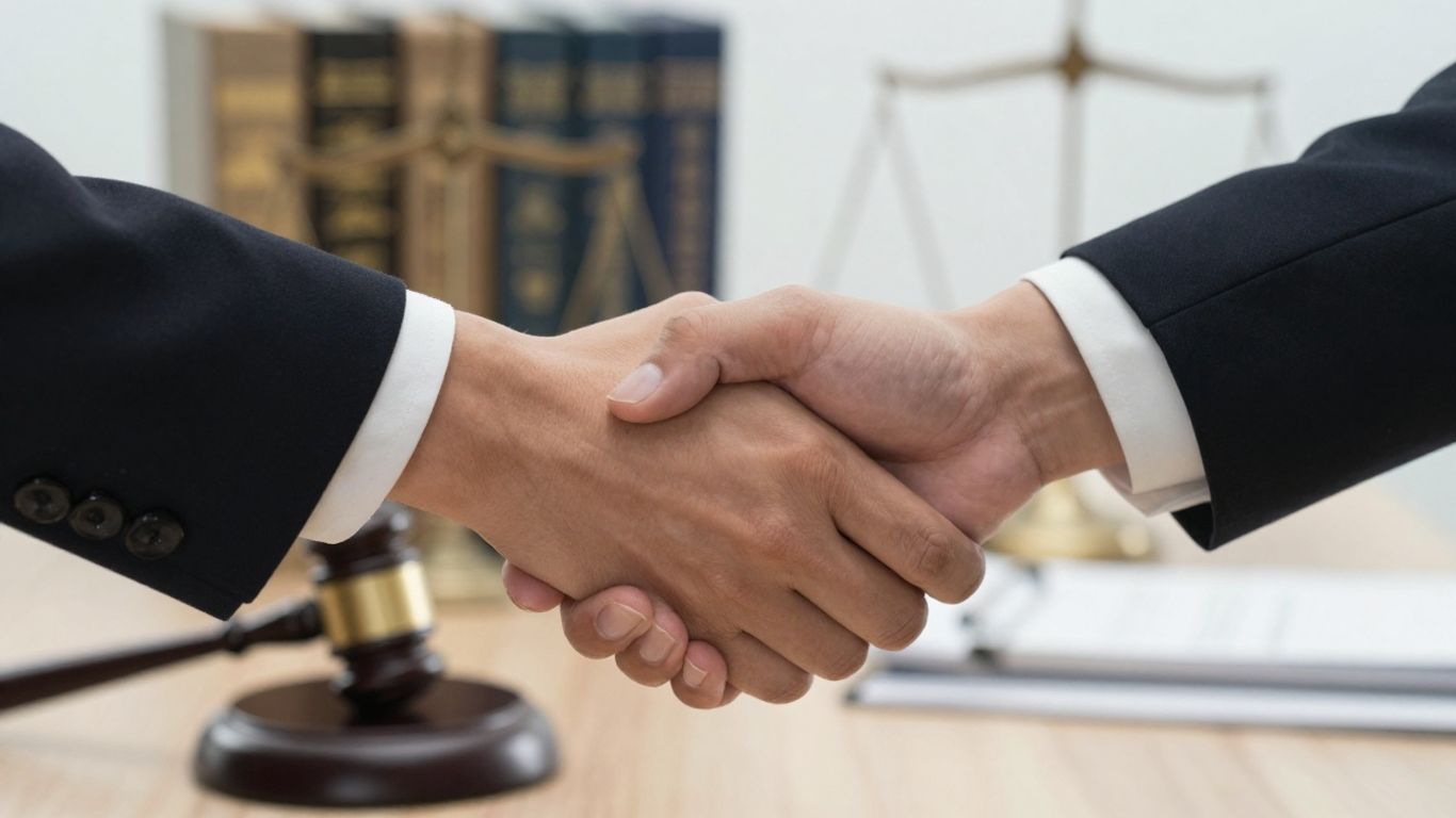 Hands shaking over a gavel, legal books, scales of justice.