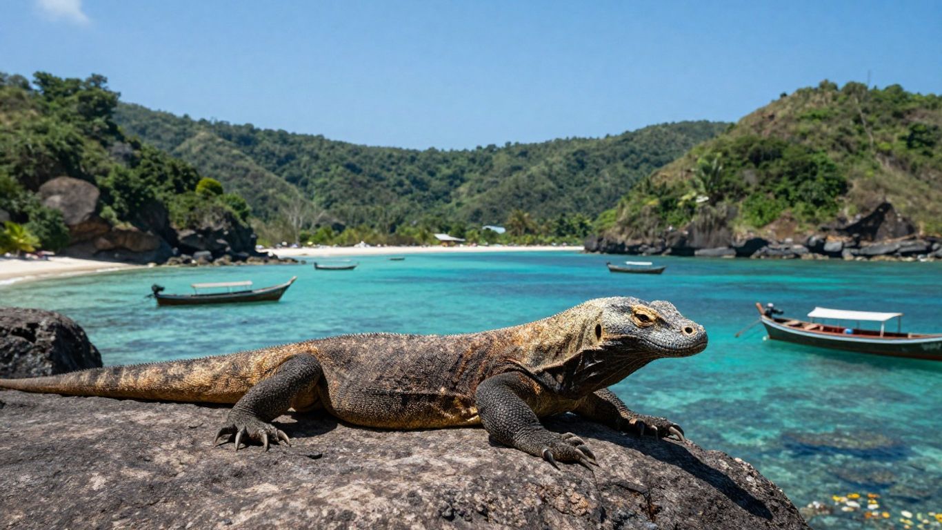 Komodo dragon on rocky shore near turquoise water.