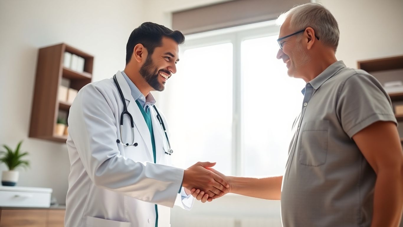 Doctor and patient shaking hands in a clinic.