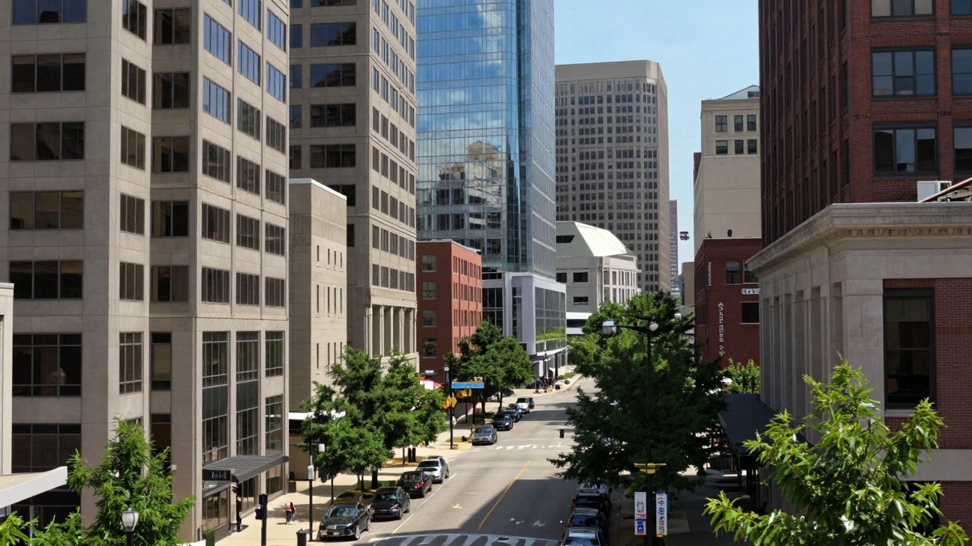 Fort Wayne cityscape with modern buildings and trees.