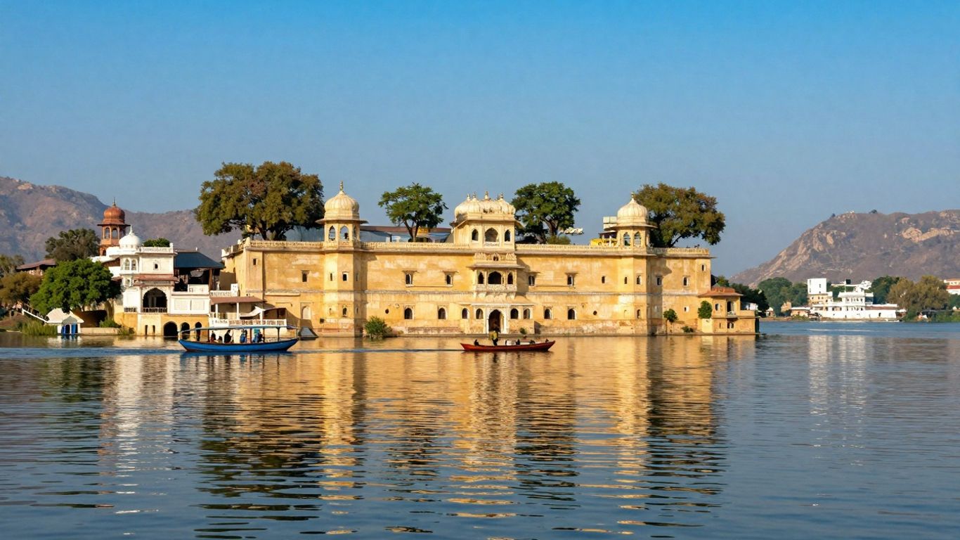 Udaipur City Palace and Jag Mandir reflected in a lake.