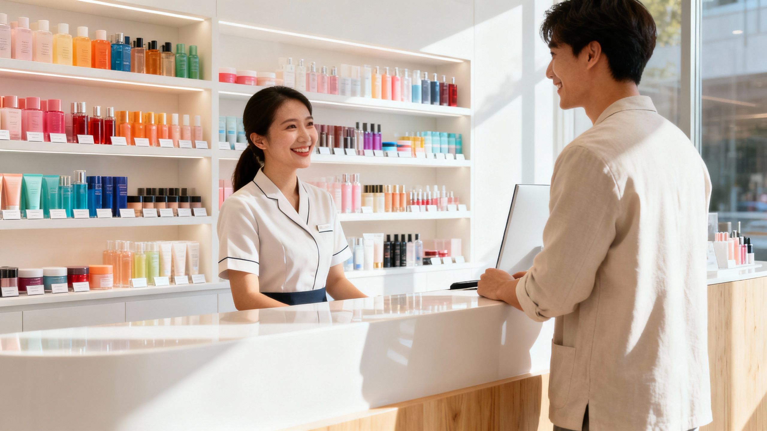 Receptionist assisting a customer with organised cosmetic products.