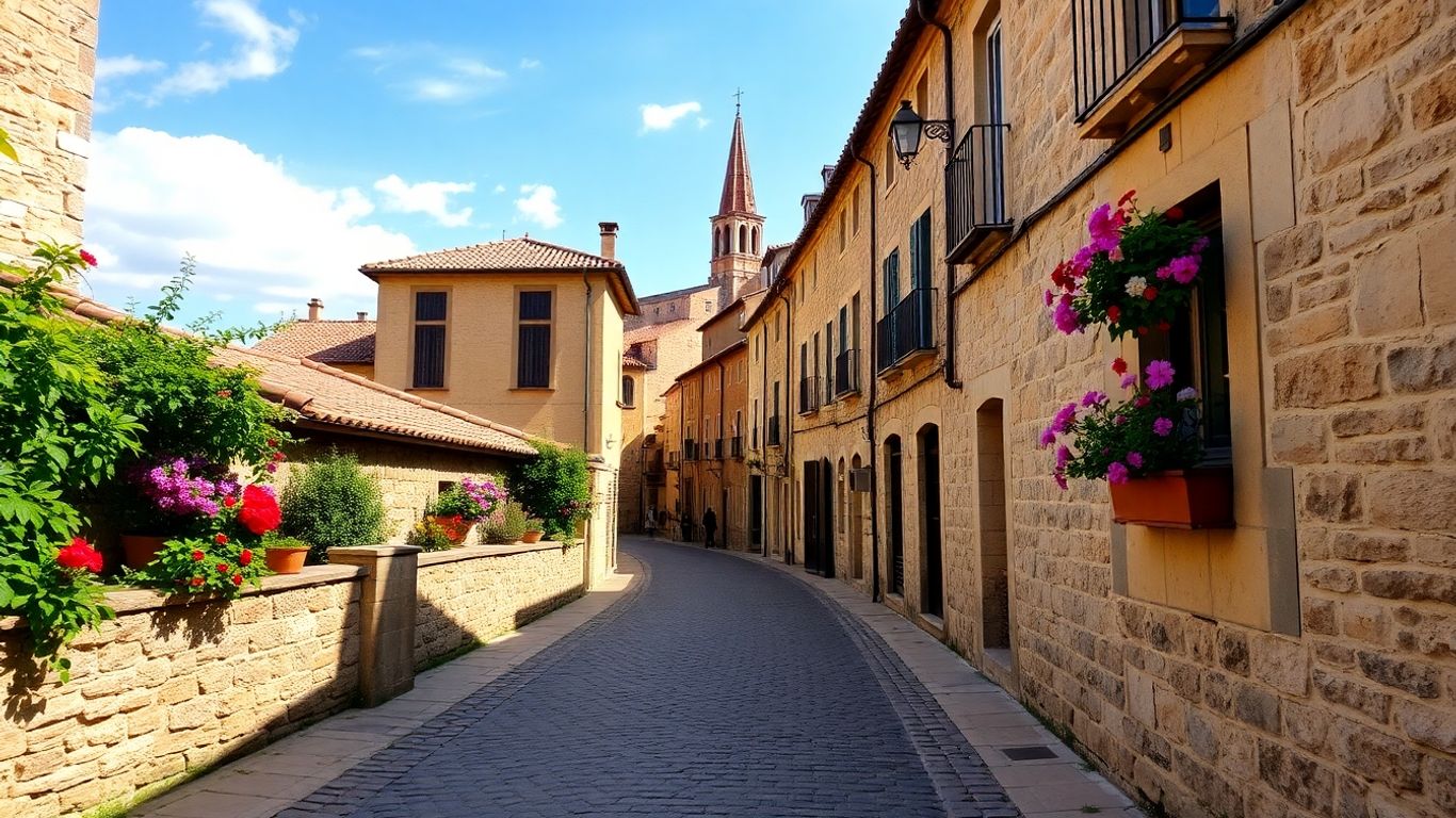 Cobblestone street in a historic Spanish town with colourful flowers.