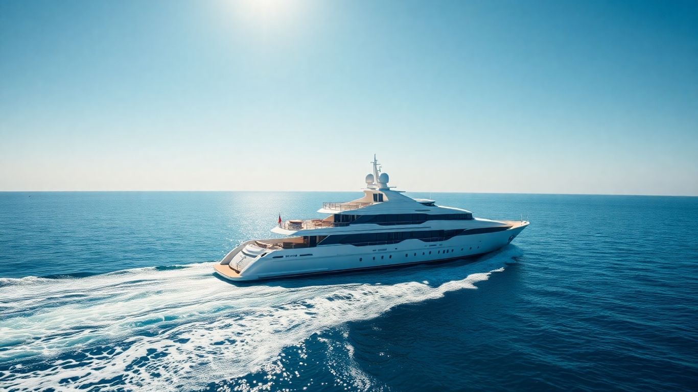 Luxurious superyacht sailing on a calm, blue ocean.