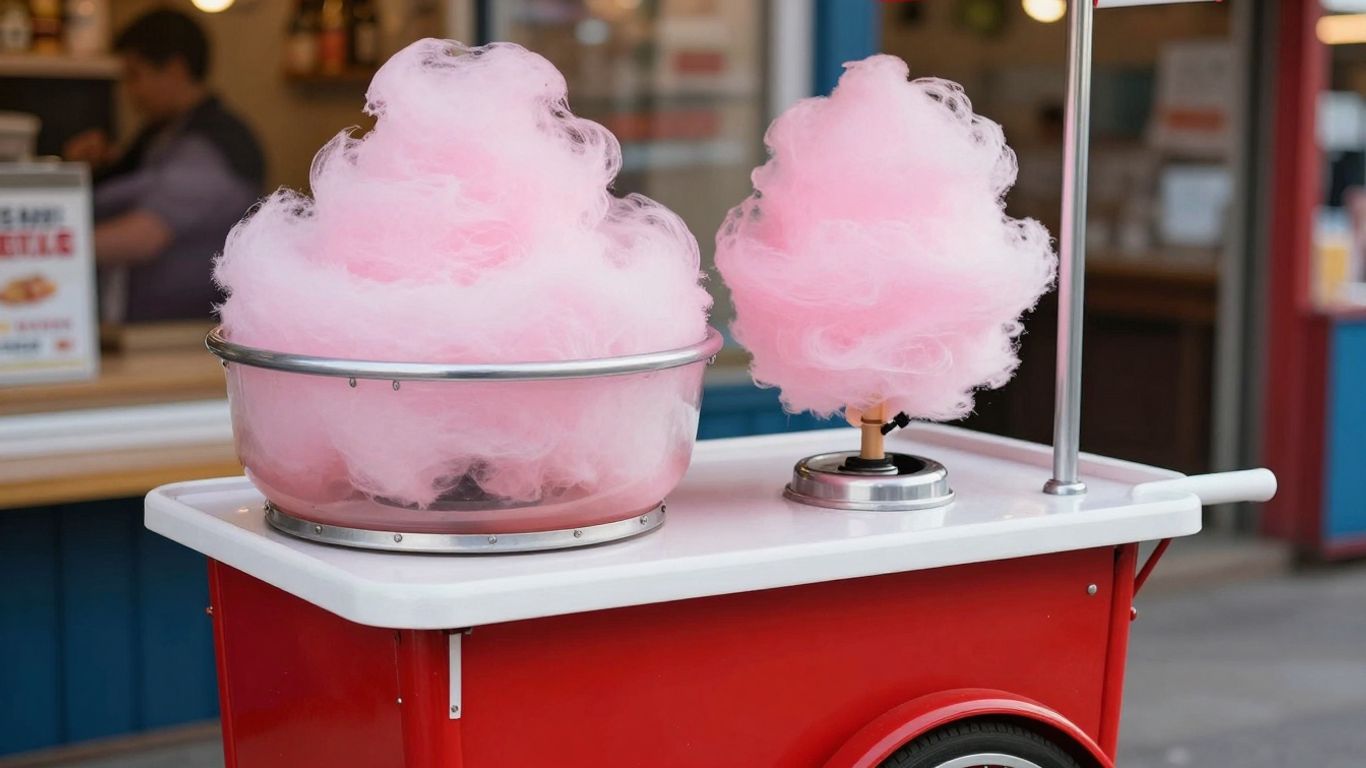 Old-fashioned candy floss machine cart with pink candy floss.