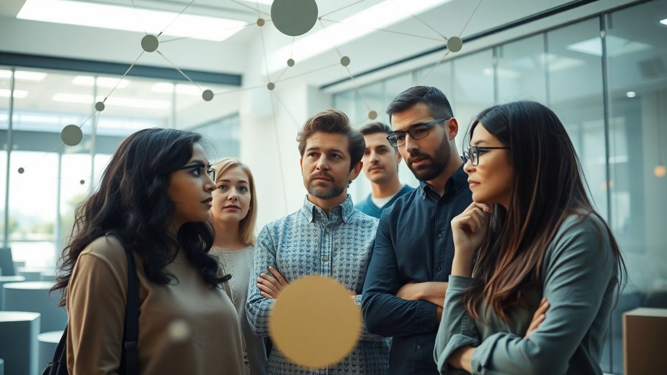 Abstract shapes and lines connecting diverse people.