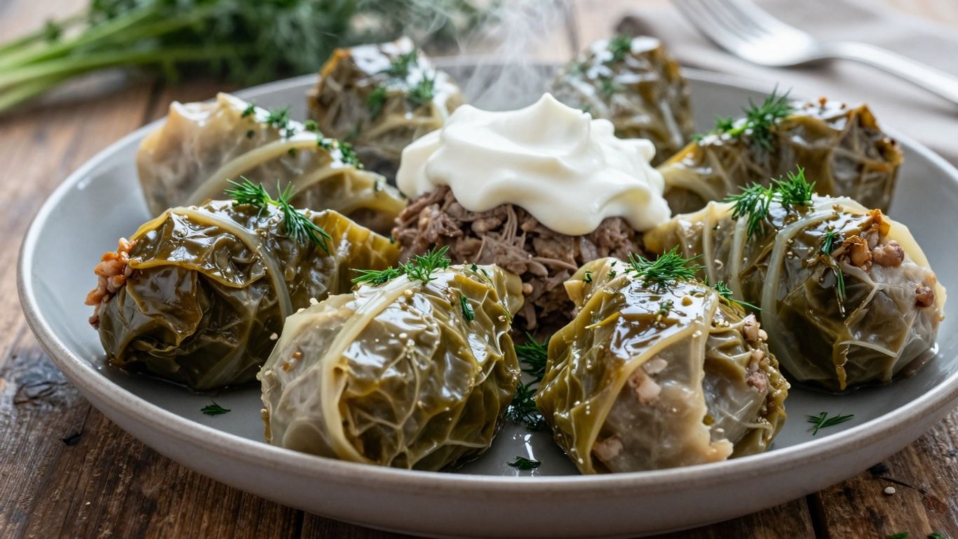 Farfurie cu sarmale tradiționale românești, garnitură proaspătă.