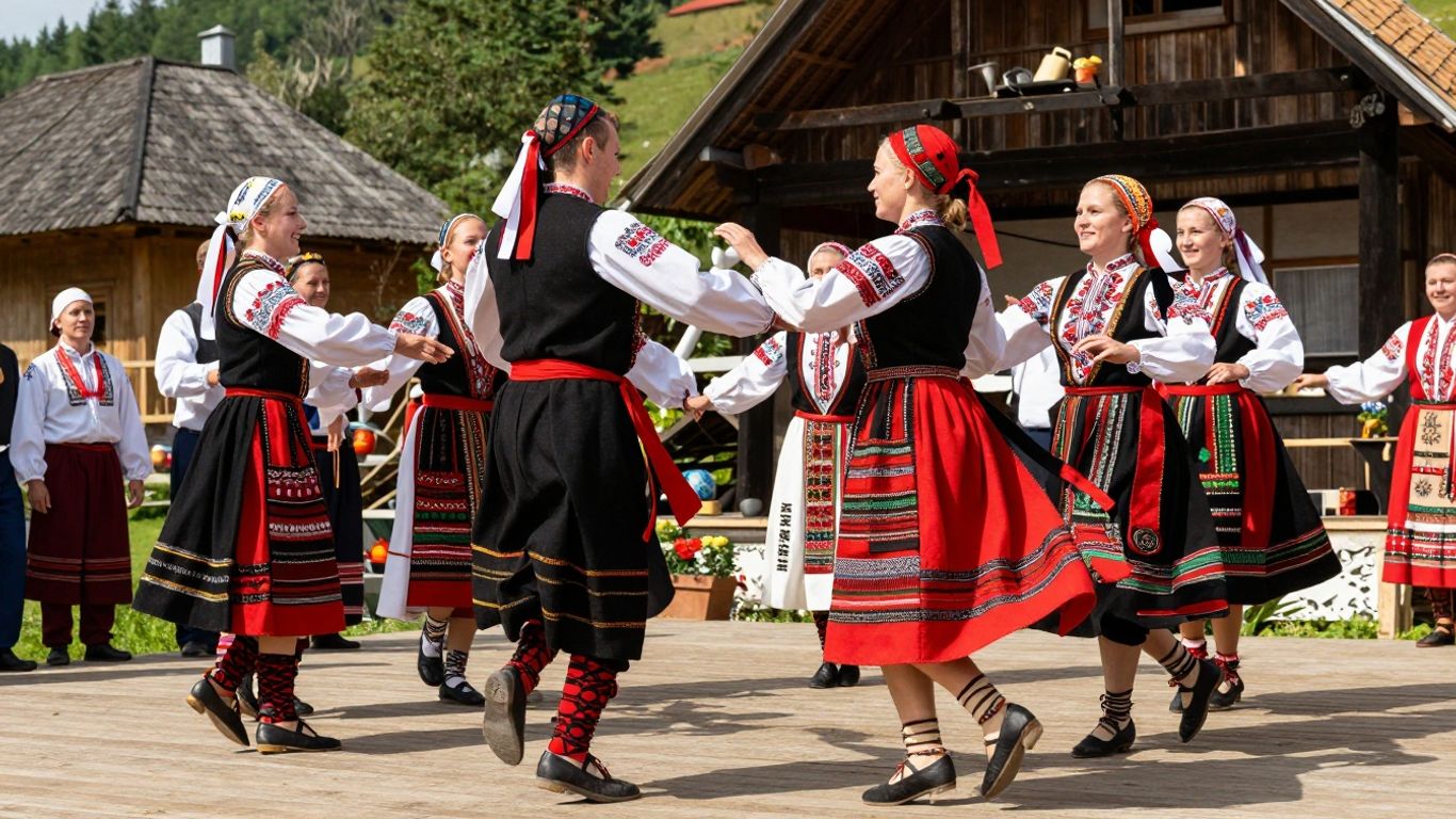 Dansatori români în costume tradiționale colorate.
