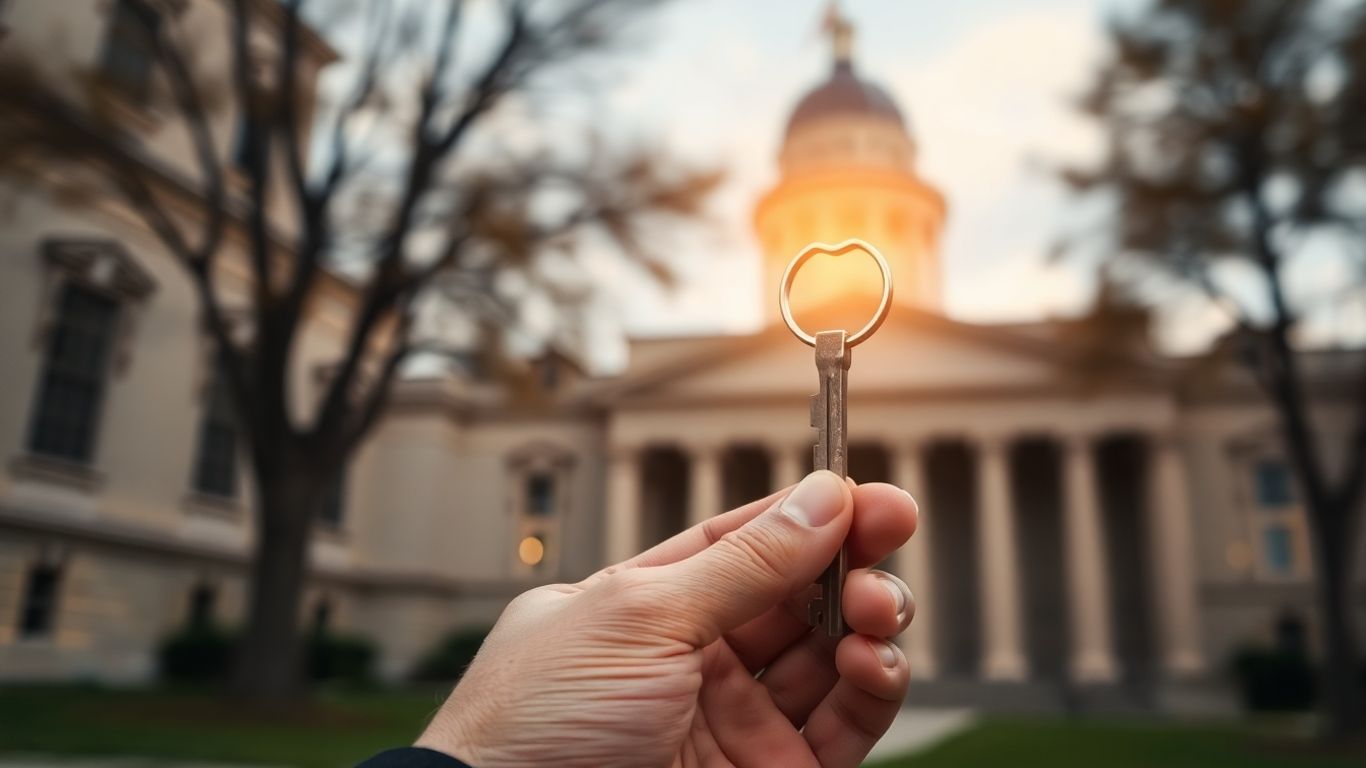 Hand holding a key, government building background.