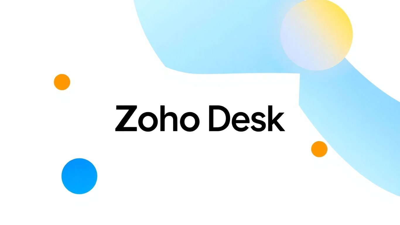 Zoho Desk logo with abstract blue and orange elements.