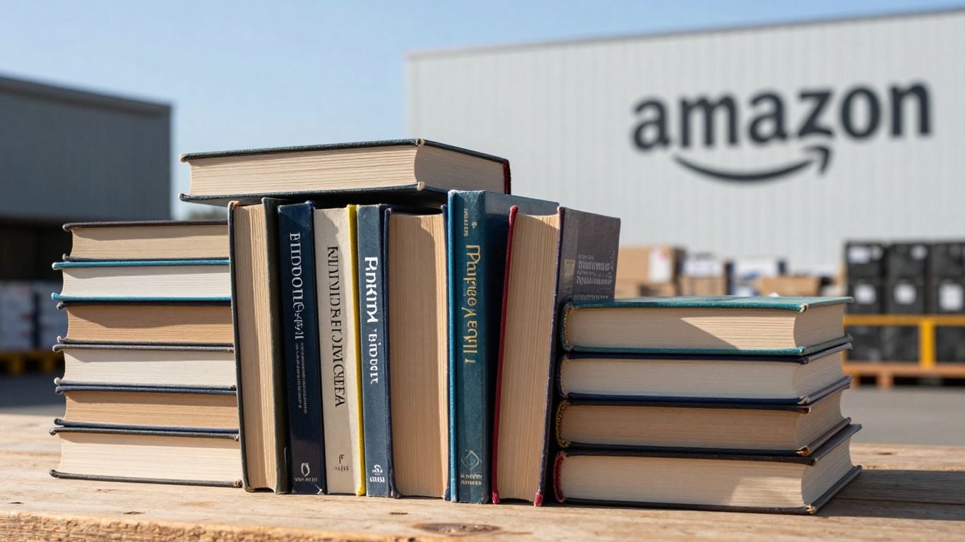 Stack of used books with Amazon fulfillment center background.