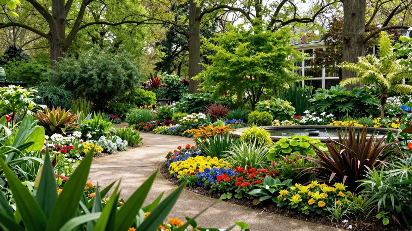 Groene paden en bloeiende planten in Arboretum Trompenburg.