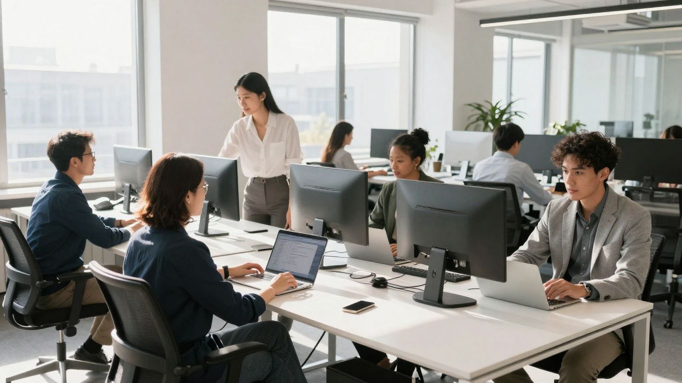 Moderne werknemers in een lichte, dynamische kantooromgeving.