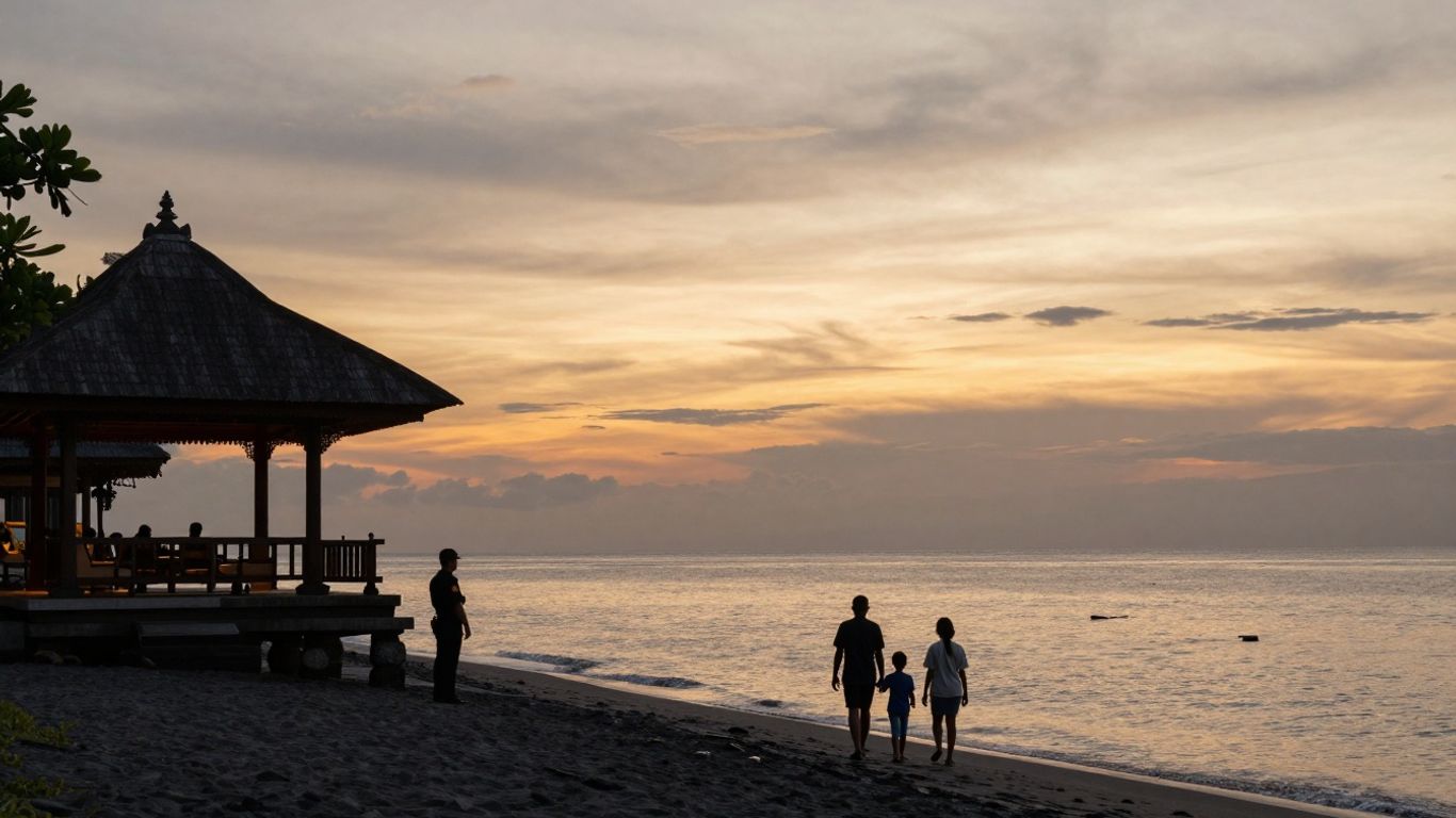 Celebrity family enjoying a safe Bali vacation at sunset.