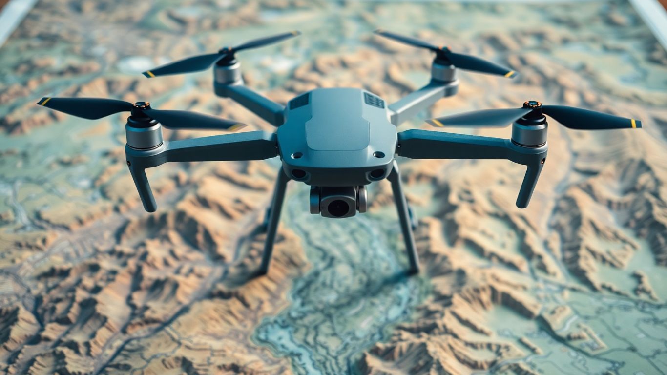 Drone surveying a detailed topographical map.
