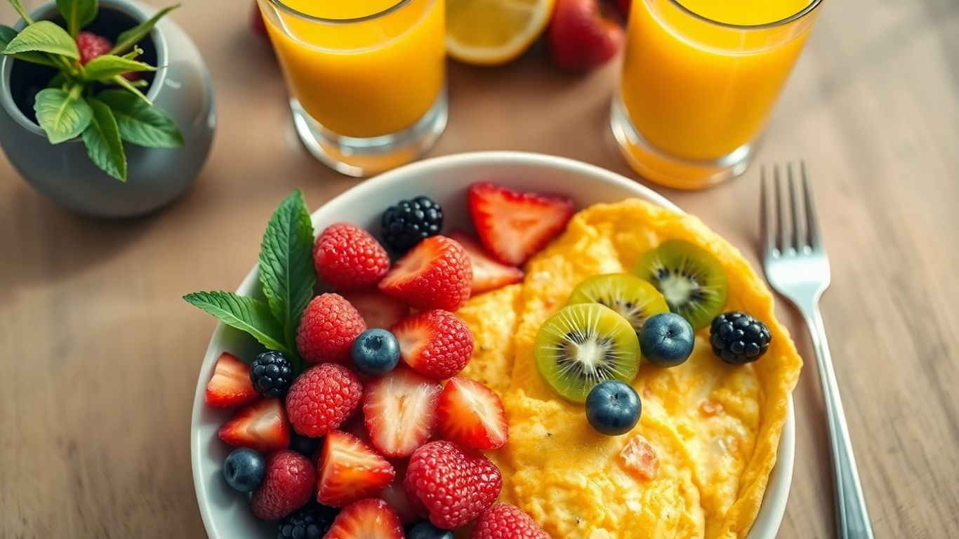 Healthy breakfast bowl with fruit and omelet.