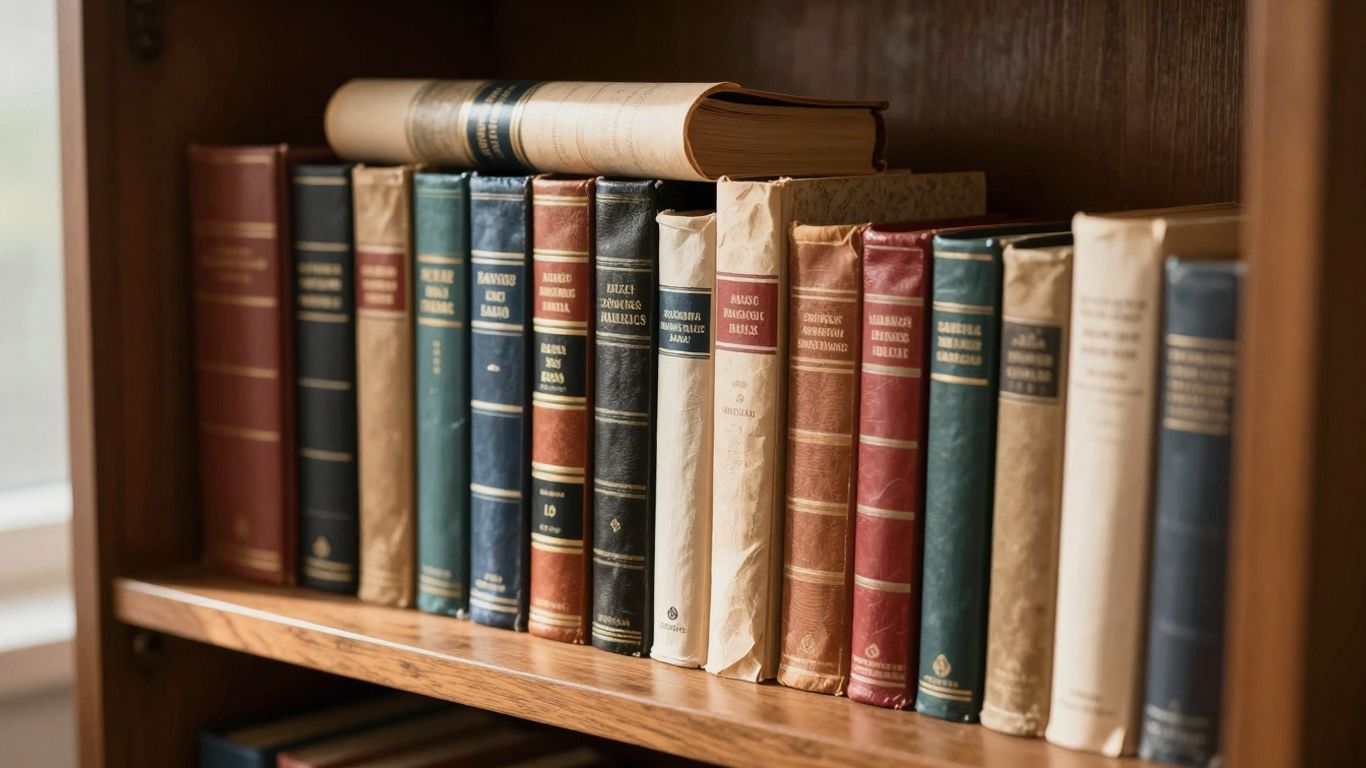 Legal books and scrolls on a wooden shelf.