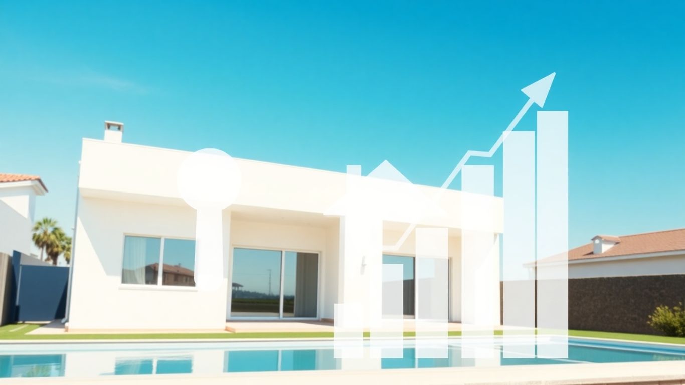 Portuguese villa with financial growth symbols.