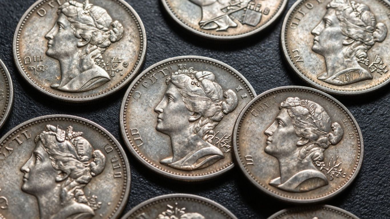 Antique Seated Liberty silver coins on a dark surface.