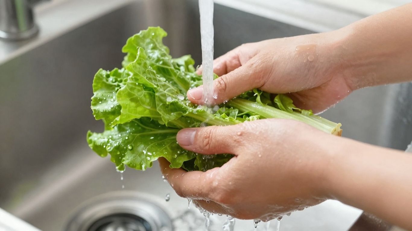 Spălarea legumelor proaspete sub jet de apă curată.